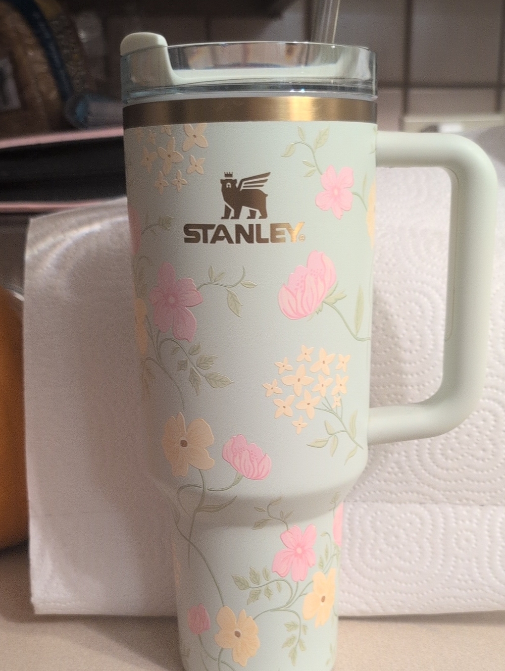 Stanley Mint Floral Travel Mug with Pink & Cream Flowers
